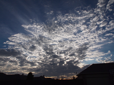 [The setting sun is blocked by a wooden fence so the sky is just shades of gray, white, and blue. Rays of light emanate from the upper left edge of the cloudbank.]